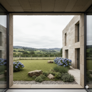 Vivienda Passivhaus de diseño contemporáneo con fachada de piedra natural, gran ventanal panorámico y jardín con hortensias, integrada en el paisaje verde de Bizkaia